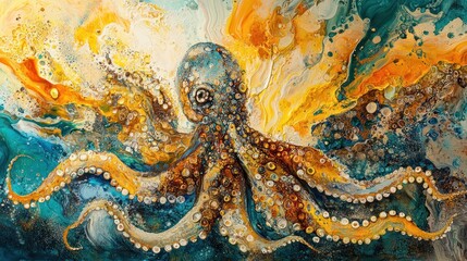 Obraz premium A vibrant octopus painting with swirling colors and dynamic textures.