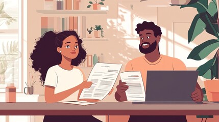 A young couple reviewing their health insurance policy at home, with documents and laptops.