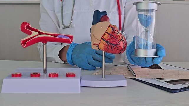 Doctor turns sandglass standing near heart model in hospital concept