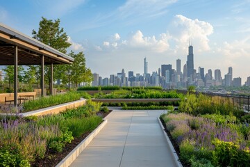 Fototapeta premium Rooftop garden with a small community space for social gatherings. City skyline visible in the distance, Generative AI 