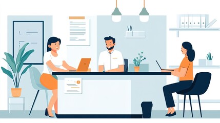 An agent assisting a couple with life insurance forms in an office with a friendly atmosphere.