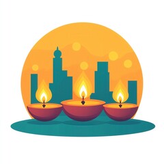 Three glowing oil lamps are set against a vibrant sunset skyline, symbolizing light and celebration in a serene urban setting.