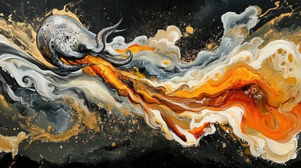 An abstract depiction of an octopus amidst swirling colors and textures.