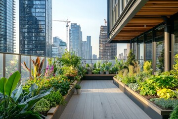 Obraz premium Rooftop garden with a variety of indoor and outdoor plants. Modern city buildings surrounding the space, Generative AI
