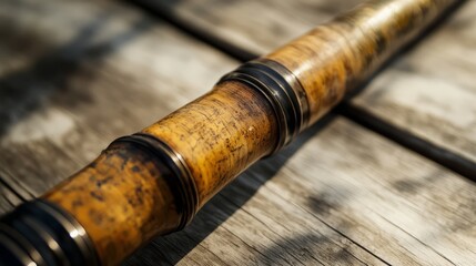 Obraz premium Close up of an antique handmade bamboo fly fishing rod resting on a wooden table, showcasing the craftsmanship and materials