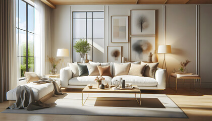 Fototapeta premium A modern Scandinavian style living room featuring a large white sofa adorned with multiple throw pillows, a light wood coffee table with decorative vases.