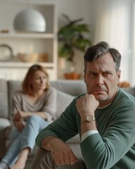 Obraz premium Sad pensive couple thinking of relationships problems sitting on sofa, conflicts in marriage.