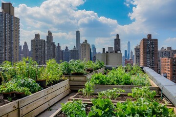 Obraz premium Rooftop garden with an assortment of herbs and small vegetables. City skyline during the day, Generative AI