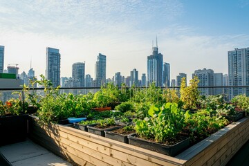 Fototapeta premium Rooftop garden with an assortment of herbs and small vegetables. City skyline during the day, Generative AI