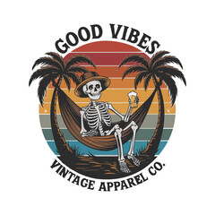 A vintage t-shirt design with a skeleton in a hammock between two palm trees