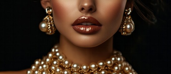 Fashion model poses wearing gold and pearl jewelry