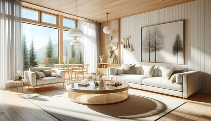 A modern Scandinavian style living room featuring a large white sofa adorned with multiple throw pillows, a light wood coffee table with decorative vases.
