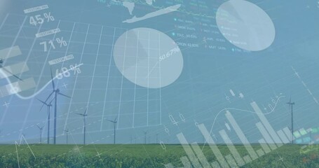 Wind turbines in field with financial data and charts animation over sky - Powered by Adobe