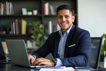 Happy professional business man company employee, young entrepreneur, smiling latin businessman working on laptop computer technology looking at camera working in office sitting at desk, portrait, ai
