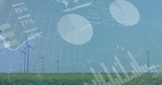 Wind turbines in field with financial data and charts animation over sky - Powered by Adobe