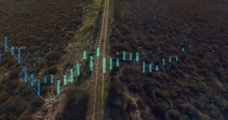 Financial graph and data analysis animation over aerial view of rural landscape - Powered by Adobe