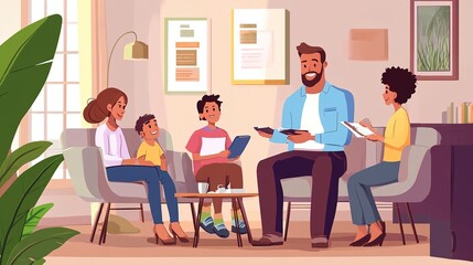 Fototapeta premium An insurance agent explaining different coverage levels to a family in a cozy setting.