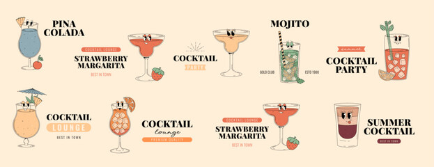 Groovy characters of cocktails and drinks, set of retro banners and labels with popular alcoholic beverages. Cafe cocktail lounge logos and signs collections. Summer retro vector illustrations