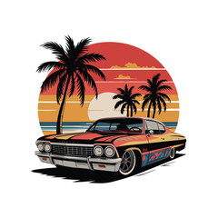 Artwork of tshirt graphic design flat design of one retro retro car