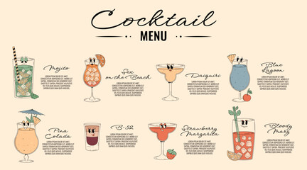 Retro groovy characters summer cocktails. Menu with cute alcohol beverage blue lagoon, sex on the beach, b52 and other. Vector illustration for bar, pub, club