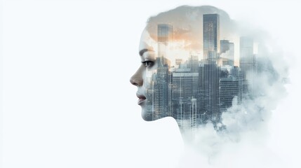 Woman with Cityscape Reflection Double Exposure