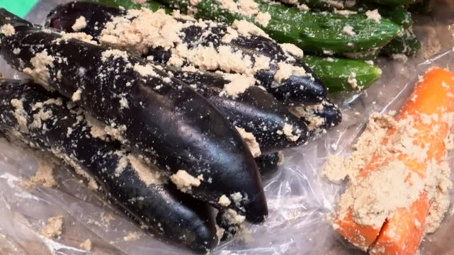 Vegetable miso marinated sell in local Japanese food market cucumber carrot eggplant bean paste