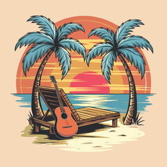 Vibrant, stylized illustration featuring a tropical beach scene at sunset.  T-shirt design