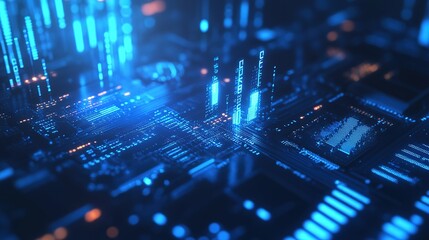 Industrial Blue Holographic Data Analysis Graphs and Charts Background with Technology Elements