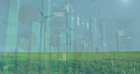 Financial data and graphs animation over wind turbines and cityscape in green field - Powered by Adobe