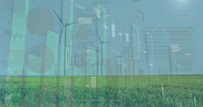 Financial data and graphs animation over wind turbines and cityscape in green field
