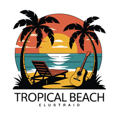 Vibrant, stylized illustration featuring a tropical beach scene at sunset.  T-shirt design