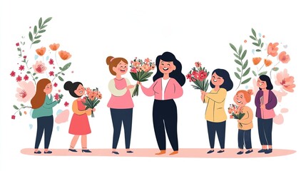 Happy students present flowers to their teachers on Teachers' Day