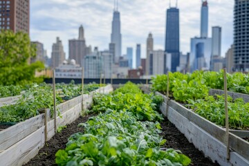 Fototapeta premium Urban rooftop farm with rows of vegetables and herbs. City skyline visible in the background, Generative AI