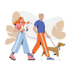 A minimalist illustration of two individuals walking their dogs in a park-like setting