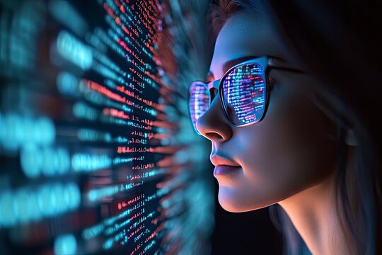 Software, coding hologram and woman in data analytics, information technology and gdpr overlay. Programmer or IT person in glasses reading script, programming and cybersecurity on computer , ai