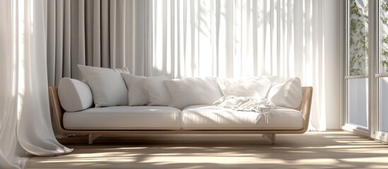 Contemporary living room interior featuring a 3D rendering of a sofa complemented by sunlight and white curtains