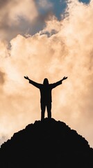 A serene image of a radiant sky filled with soft glowing light where a cross stands tall on a hilltop symbolizing love faith and salvation In the foreground a gentle depiction of Jesus Christ with ope