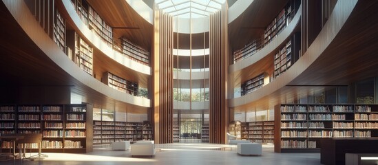Interior view of a landmark library designed as four open books featuring a 3D rendering
