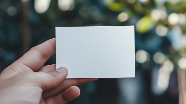 Hand Holding an Empty Blank White Business Card Mockup, Ideal for Advertisement and Branding Purposes.