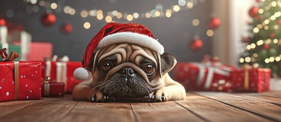 3D rendering of a pug in holiday decor celebrating the festive spirit