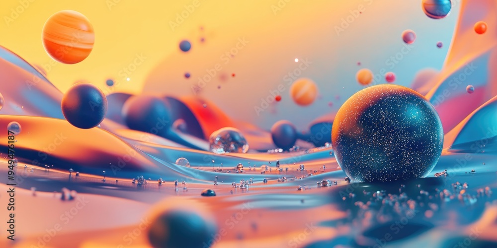 Poster Geometry of virtual space in a 3D cartoon rendering This artistic colored abstraction features elements such as planets galaxies stars cosmos seas earth sunsets globes and abstract shapes