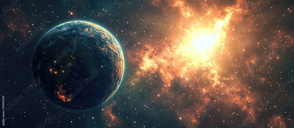 Poster Space scene in a 3D cartoon rendering featuring a panorama of a star filled galaxy nebula and universe