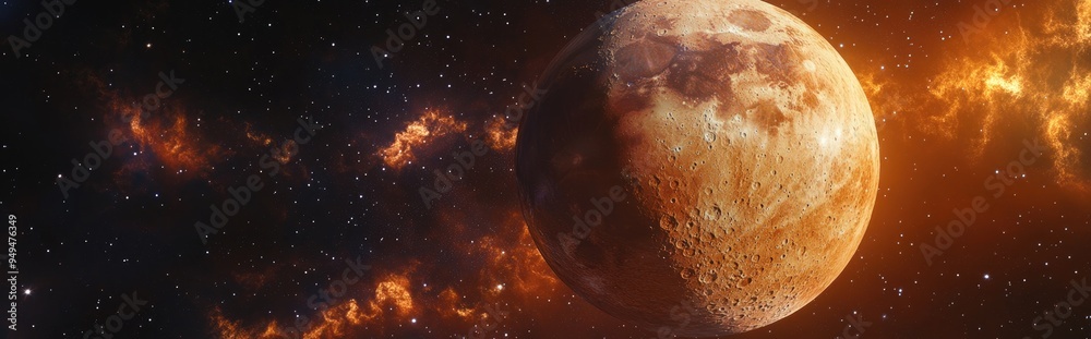 Poster crescent moon and jupiter depicted in 3d cartoon rendering