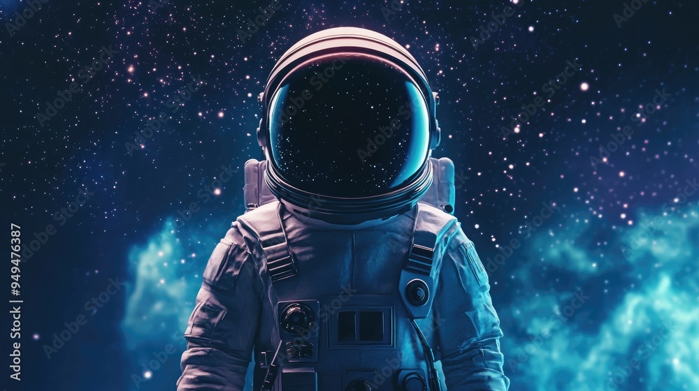 Aufkleber Spaceman in a starry sky depicted in a 3D cartoon rendering Mixed media