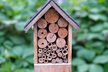 Close-up of a wooden insect hotel with various hollowed tubes and logs in a garden setting