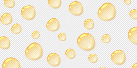 Oil drops, yellow serum with bubbles, transparent honey droplets top view, realistic glossy liquid, moisturizing cosmetic product, hyaluronic acid concept. Vector illustration.