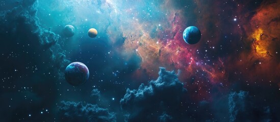 Obraz premium Bright interstellar nebulae in space featuring 3D cartoon rendering of planets near cosmic dust and distant Earth like worlds set against a starry background