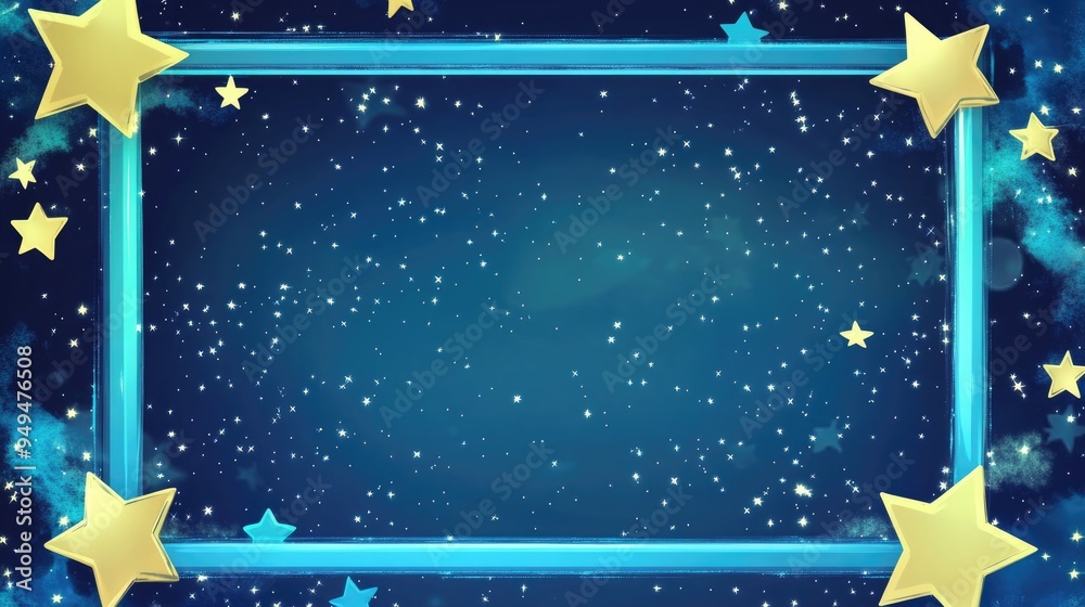 Poster rectangular frame in a 3d cartoon style against a starry night sky featuring stars and a blue stripe