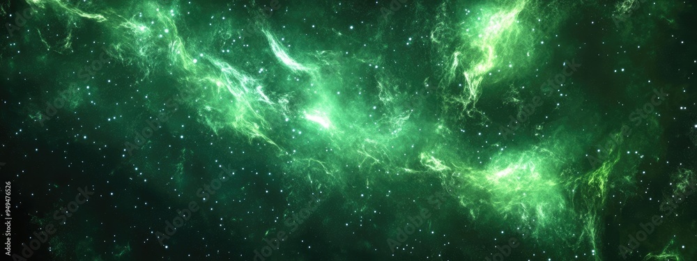 Poster bright green galaxy outer space background in 3d cartoon rendering