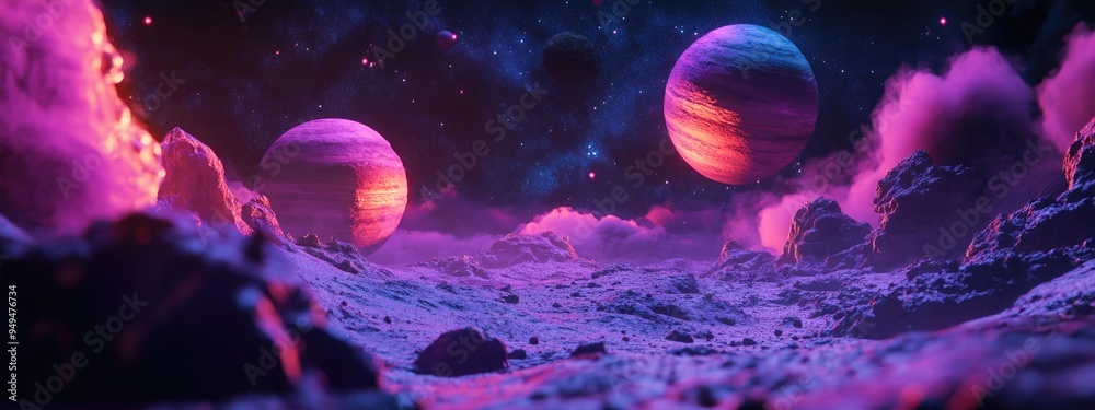 Poster Unexplored planets in faraway space depicted in a high resolution 3D cartoon rendering perfect for science fiction fantasy enthusiasts and ideal for wallpaper and print